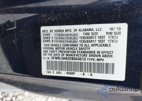 2014 Honda Odyssey Ex-L из США, поврежденный, VIN 5FNRL5H62EB044613